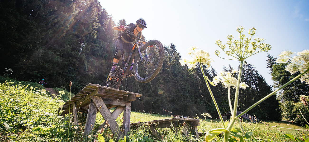 Bikerin beim Sprung in sommerlicher Landschaft